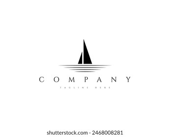 simple sailboat with ocean sea wave logo design