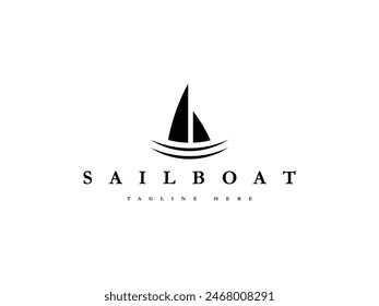 simple sailboat with ocean sea wave logo design