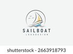 Simple Sailboat sailing boat ship on Sea Ocean Wave with line art style logo design