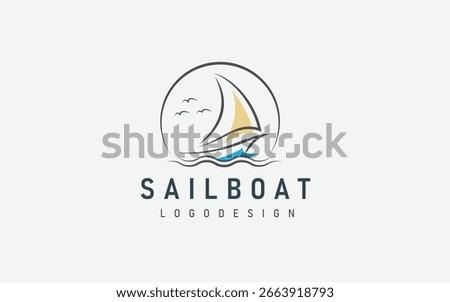 Simple Sailboat sailing boat ship on Sea Ocean Wave with line art style logo design