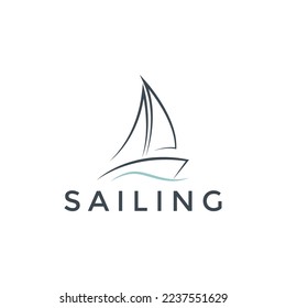 Simple sailboat sailing ship in Sea Ocean Wave, Simple sailboat vector logo design template