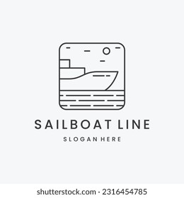 Simple Sailboat ship on Sea Ocean Wave with line art style