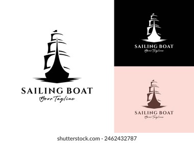 Simple Sailboat Ship in Sea Ocean Wave Sailing Travel Transport logo design	