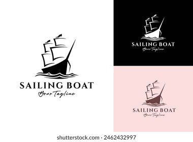 Simple Sailboat Ship in Sea Ocean Wave Sailing Travel Transport logo design vector illustration