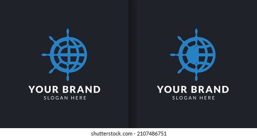 simple sailboat steering wheel logo template combination with globe logo