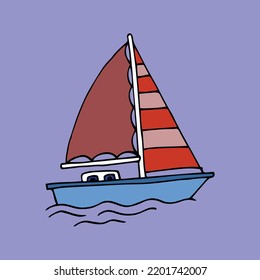 Simple sailing boat icon vector, in trendy flat color style on blue background. Boat icon illustration. 