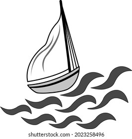 Einfaches Segelboot am Meer. Handgezeichnetes Schiff und Wellen-Symbol