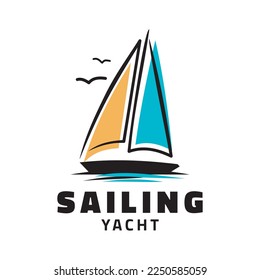 Simple Sailing yacht Sailboat dhow boat ship on Sea Ocean Wave with line art style logo design