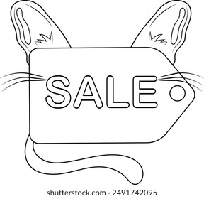 simple sale label for veterinary clinic with cat ears whiskers and tail drawn in black outline, vector illustration