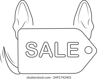 simple sale label for veterinary clinic with dog ears and tail drawn in black outline, vector illustration