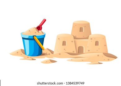 Simple sand castle with blue bucket and red shovel. Cartoon design. Flat vector illustration isolated on white background.