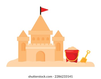 Simple sand castle and fortress in beach with sand bucket and shovel. Flat icon vector illustration isolated on white background for summer vacation element decoration