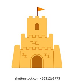 Simple sandcastle with two towers and orange flag. Ideal for kids projects, beach graphics, and summer themes.