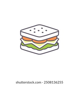 Ilustración de icono de sándwich simple. Una ilustración de icono simple de un sándwich, con un pan blanco, tomate, queso y lechuga. Perfecto para menús de comida, diseño App y más.