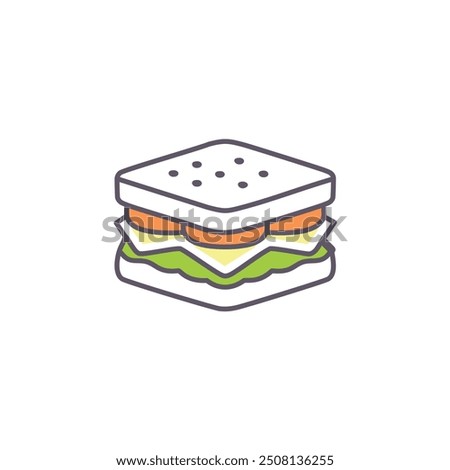 Simple sandwich icon illustration. A simple icon illustration of a sandwich, featuring a white bread, tomato, cheese, and lettuce. Perfect for food menus, app design, and more.