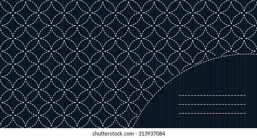 Simple sashiko motif with copy space for text. Stitching backdrop. Japanese needlework card. Text frame. Antique fancywork. Monochrome. Old Sashiko motif - seven treasures (Shippo-Tsunagi).