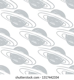 Simple saturn. Hand drawn white gray line seamless pattern on white background. Doodle brush, pen, marker illustration. Scribble ornament background.