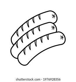 Simple sausage icon isolated on white background. Fast food concept. Line element illustration from gastronomy concept. 3 sausages one after other. Black and white image. Vector illustration	