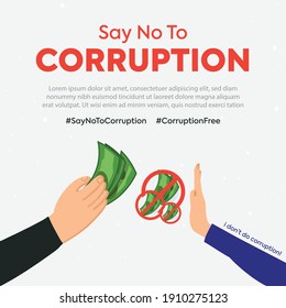 Simple say no to corruption Facebook post template with hand giving cash and another hand stopping to take cash in white background. Say no to bribe