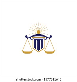 Simple scales of attorney law logo vector. Artistic balace weigher with lawyer pillar for justice. Protect people from injustice and puniahment. modern vintage look. Flat design. Apply to web, apps 