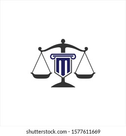 Simple scales of attorney law logo vector. Artistic balace weigher with lawyer pillar for justice. Protect people from injustice and puniahment. modern vintage look. Flat design. Apply to web, apps 