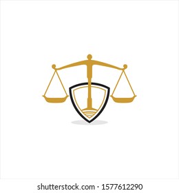 Simple scales of attorney law logo vector. Artistic balace weigher with lawyer pillar for justice. Protect people from injustice and puniahment. modern vintage look. Flat design. Apply to web, apps 