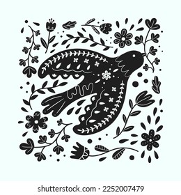 Simple Scandinavian bird with flower details. Summer or spring animal art. Retro floral doodle. Apparel print. Plant blossom. Black silhouette Scandi birdie. Vector vintage utter pattern