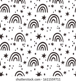 Simple scandinavian monochrome pattern with rainbows and stars. Vector seamless pattern. Nordic style monochrome pattern