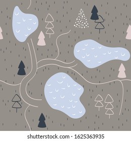Simple scandinavian Nordic minimalist seamless pattern with modern map with lines roads, lakes and forest with trees in brown, beige and blue colors. Cute design idea for baby nursery fabric or print 