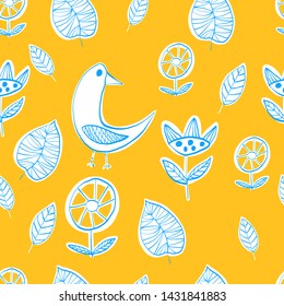 Simple Scandinavian pattern primitive naive style birds and flowers