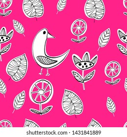 Simple Scandinavian pattern primitive naive style birds and flowers