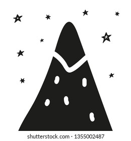 Simple scandinavian poster with black doodle mountain and stars on white background.