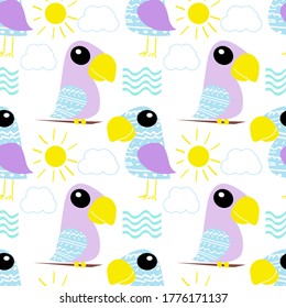 Simple scandinavian style pattern with parrots, sun and waves. Vector illustration for children.