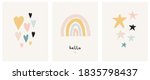 Simple Scandinavian Style Vector Illustration with Rainbow, Stars and Hearts. Lovely Nursery Art with Pastel Color Doodles Isolated on a Light Beige Background. Funny Infantile Style Boho Print.
