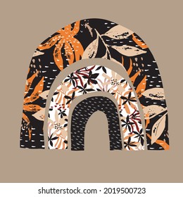 Simple Scandinavian Style Vector Illustration with Creative Rainbow. Lovely Nursery Art with Rainbow with Geometric and Floral Print Isolated on a Dusty Brown Background. Funny Infantile Style Print.