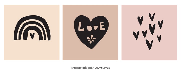 Simple Scandinavian Style Vector Illustration with Rainbow and Hearts. Lovely Nursery Art with Black Doodles Isolated on a Beige, Blush Pink and Light Brown Background. Funny Infantile Style Print.