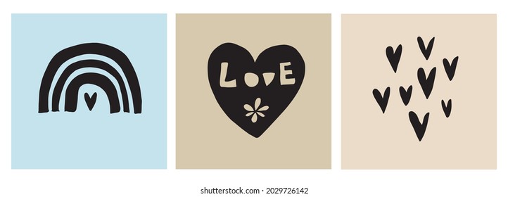 Simple Scandinavian Style Vector Illustration with Rainbow and Hearts. Lovely Nursery Art with Black Doodles Isolated on a Beige, Pastel Blue and Light Gold Background. Funny Infantile Style Print.