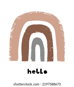 Simple Scandinavian Style Vector Illustration with Rainbow and Handwritten Hello. Lovely Nursery Art with Brown, Black and Gray Doodle Raibow on a White Background. Funny Infantile Style Print.