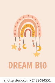 Simple Scandinavian Style Vector Illustration with Rainbow, Stars and Hearts. Pastel Color Doodle artwork for nursery room