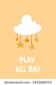 Simple Scandinavian Style Vector Illustration with Rainbow, Stars and Hearts. Pastel Color Doodle artwork for nursery room