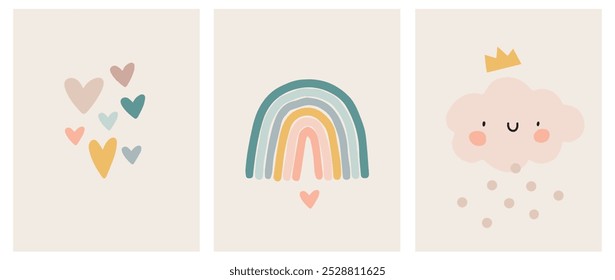 Simple scandinavian style vector illustration with rainbow, stars, cloud and hearts. Nursery poster with pastel color doodles isolated on a beige background. Funny infantile style boho print.