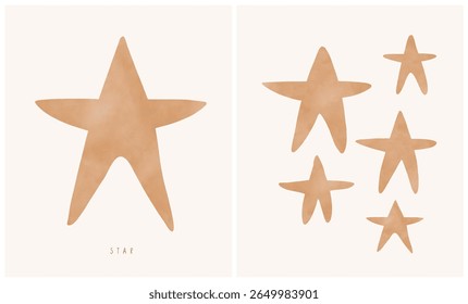 Simple Scandinavian Style Vector Illustration Of Stars. Lovely Nursery Art with Gender Neutral Color Stars on a Beige Background. Childish Drawing-like Print Ideal For Kids' Room Decoration. RGB. 