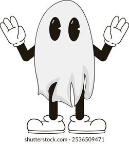 simple scary vintage ghost halloween mascot illustration with funny pose and expression