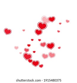 Simple scattered hearts falling valentine background. Abstract holiday banner backdrop. Ruby red hearts love pleasure symbols isolated on transparent background. Birthday sweet decor.