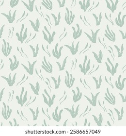 Simple scattered underwater weeds swaying with waves in a color palette of mint green on off white background. Minimal sea life seamless vector pattern. Great for home decor, fabric, wallpaper, gifts.