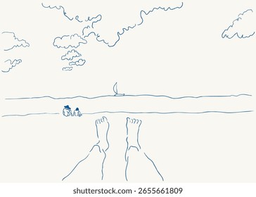 cenário simples de praia em estilo esboço desenhado à mão. Modelo para decoração postcard design impressão poster fundo papel de parede de embalagem banner pano de fundo