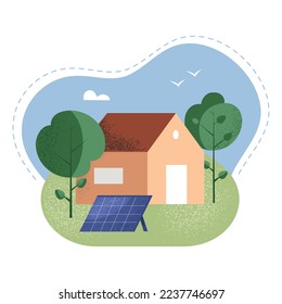 Simple scenery with little house and solar panel on the ground, sustainable living concept for everyone. Isolated textured vector illustration in flat design