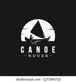 Simple scenic Canoe Sailing at the moon night logo icon vector template on white background