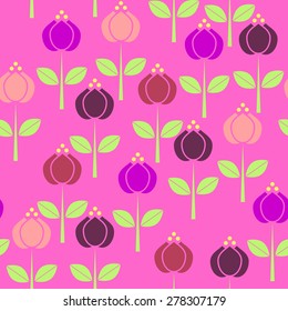 Simple schematic colorful flowers with green leaves and stems, like tulips on a pink background. Floral seamless texture, endless pattern with flower