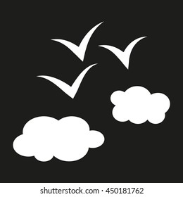 Simple schematic illustration of birds flying above the clouds. The white color on a black background. Abstract sketch.